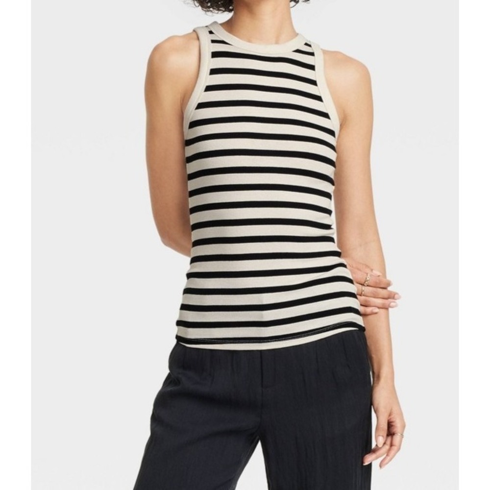 Women's Slim Fit Ribbed Tank Top - A New Day - Cream / Black Striped - XS